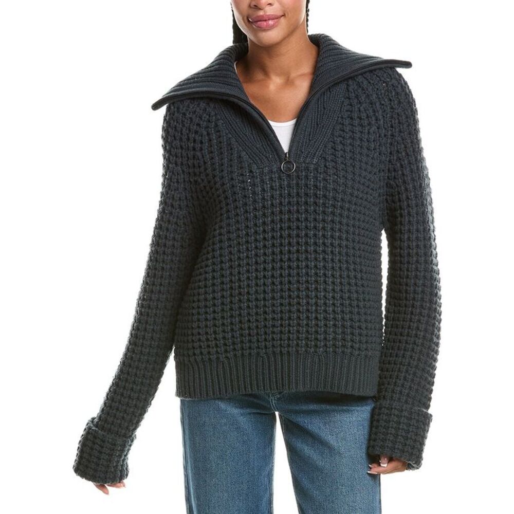 N.Peal Womens Super Chunky Rib Half Zip 100% Cashmere Pullover, Gray